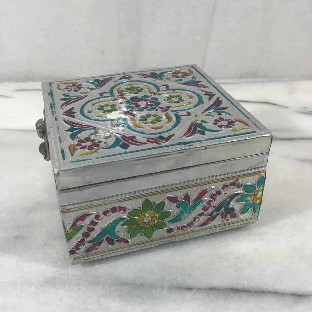 Vintage Style Meenakari Jewelry Box Reproduction Indian Metal Trinket